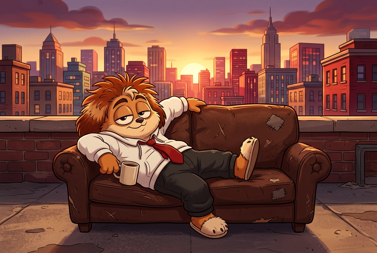 The Unemployed CEO sprawled on a rooftop couch overlooking Opportunity City at sunset
